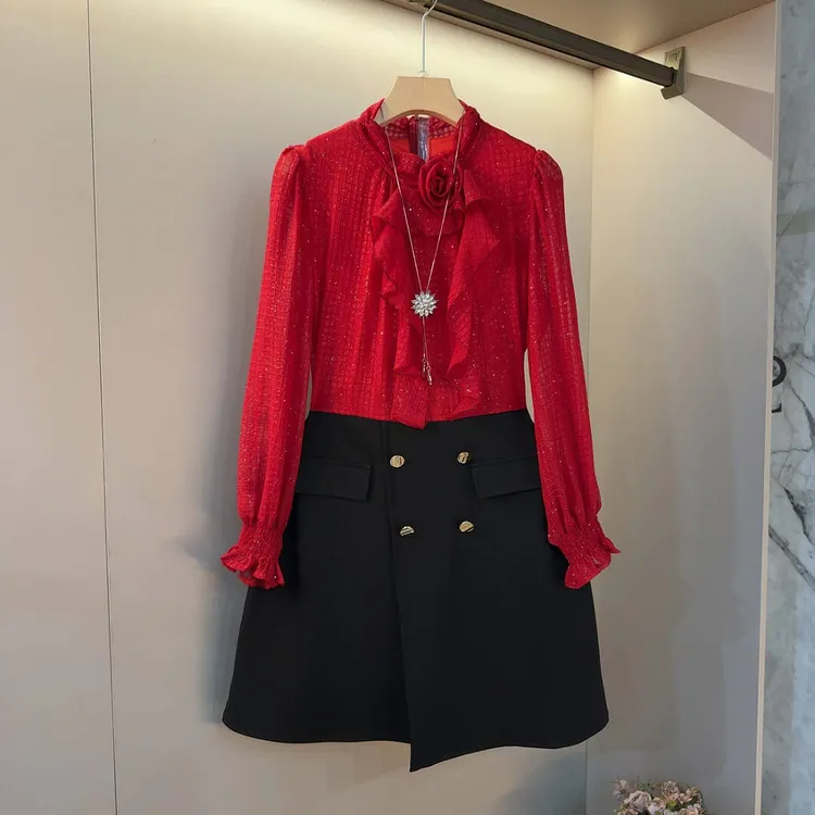 2025早秋名媛风立体花朵装饰满天星拼接大码女装连衣裙6188