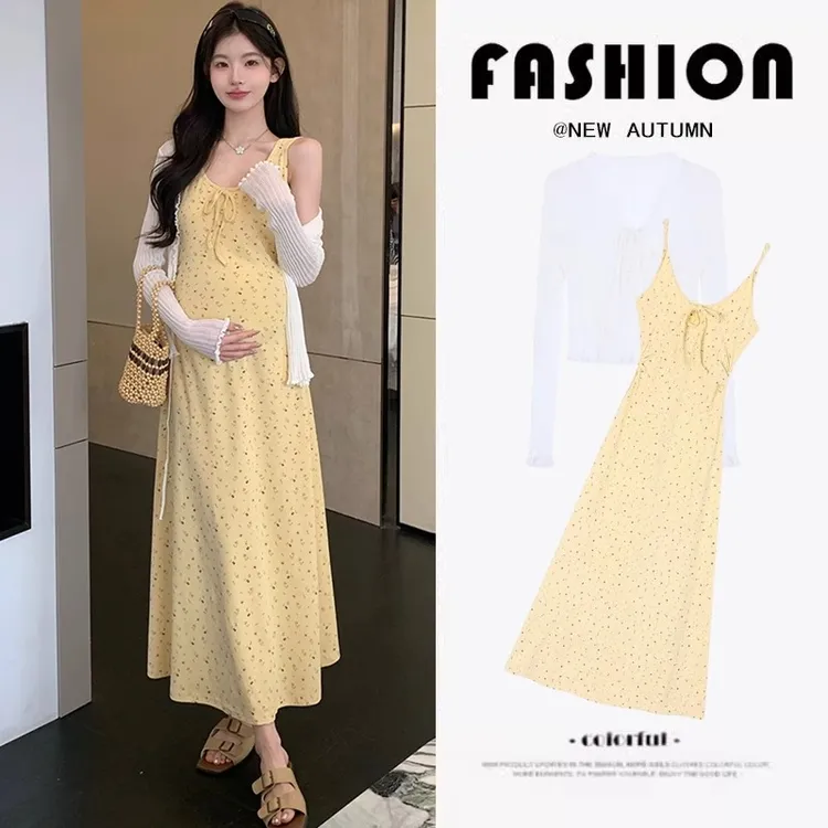 孕妇连衣裙2025新款夏季防晒开衫法式宽松碎花背心吊带长裙孕期装