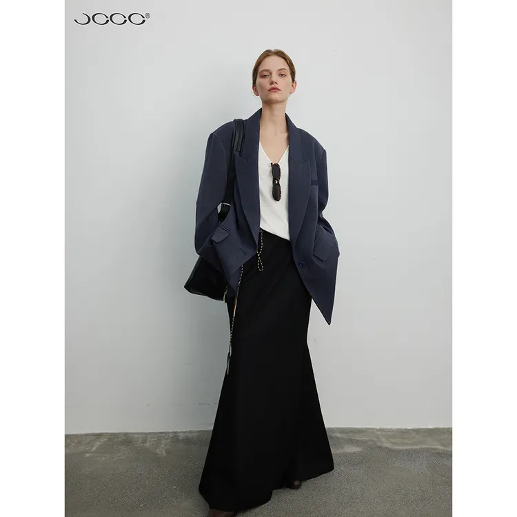 JCCC影子【“黑标系列”深澜】藏青色手肘拼皮西装外套JE4DSC19