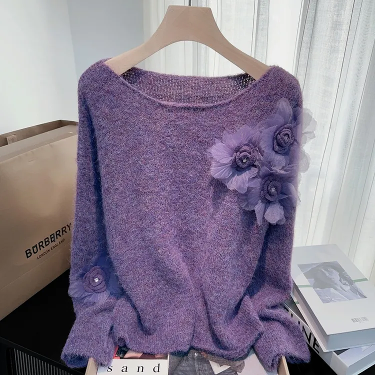 韩系慵懒风紫色立体花朵针织衫女秋冬2025新款设计感宽松显瘦毛衣