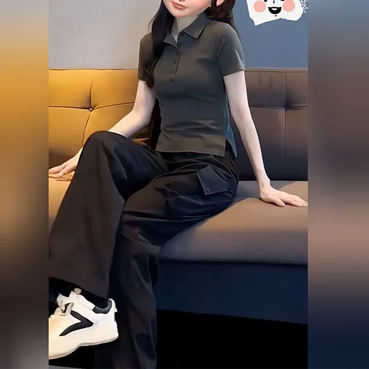 夏季新款女士时尚套装短袖灰色正肩T恤搭配显瘦工装裤休闲两件套