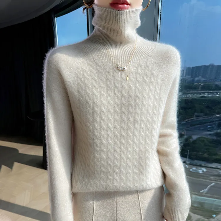 专柜正品高端100%纯羊绒衫女新款高翻领宽松针织打底毛衣麻花秋冬
