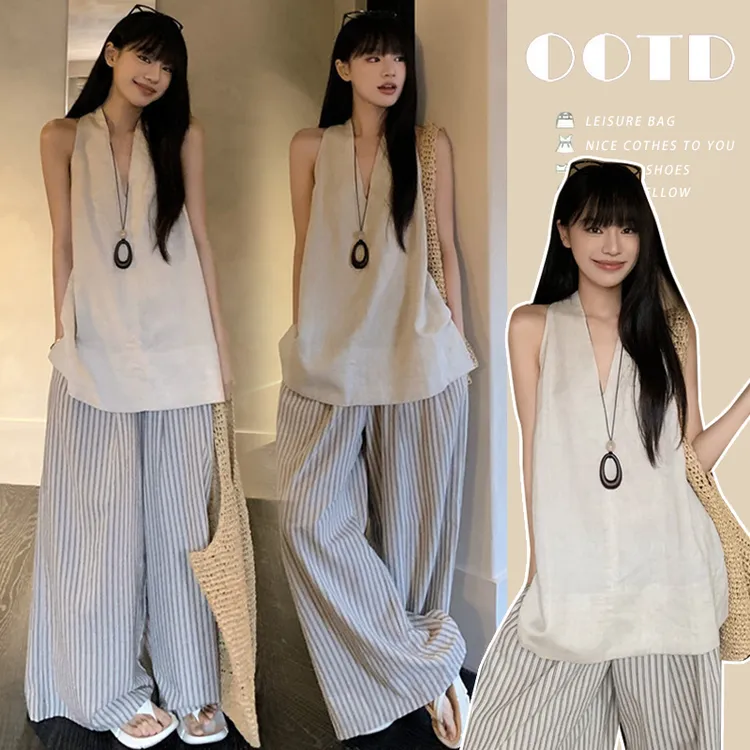 孕妇套装法式时尚夏季宽松慵懒宽松休闲条纹阔腿裤无袖上衣两件套