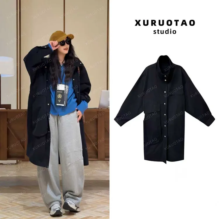 XURUOTAO【首尔周刊】100棉设计感时尚百搭黑色长款外套 T5497