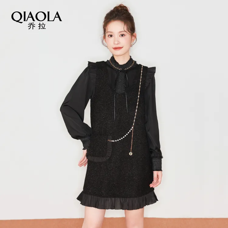 QIAOLA/乔拉【熠熠生辉】秋冬款粗花呢小香风小飞袖轻奢连衣裙