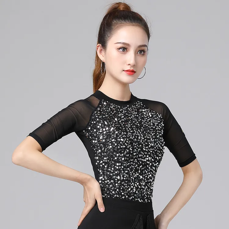 国标舞舞服女款舞蹈服装新款洋气摩登网纱连体上衣跳舞高级练功服