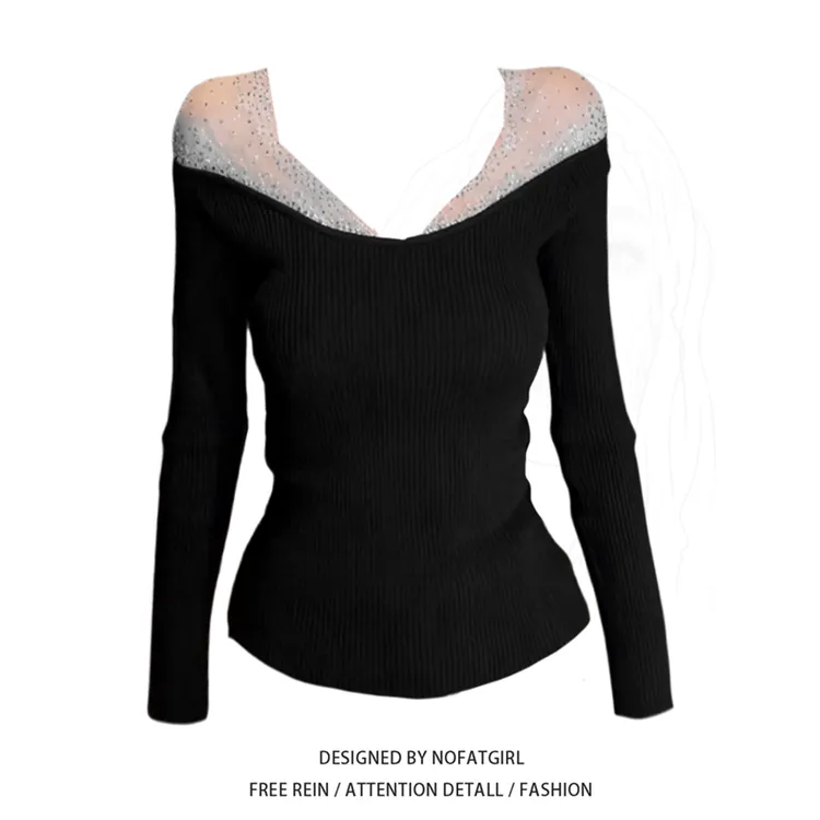 大码胖MM纯欲辣妹烫钻露肩长袖T恤女秋冬修身显瘦内搭打底衫上衣