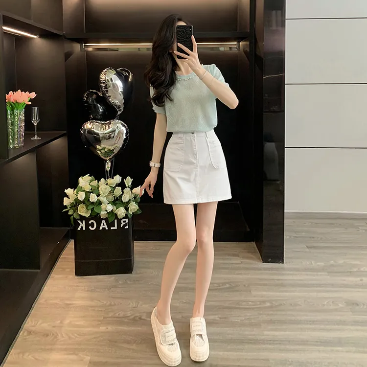 短袖针织衫T恤薄款半袖上衣女夏高腰洗水棉牛仔短裙防走光半身裙