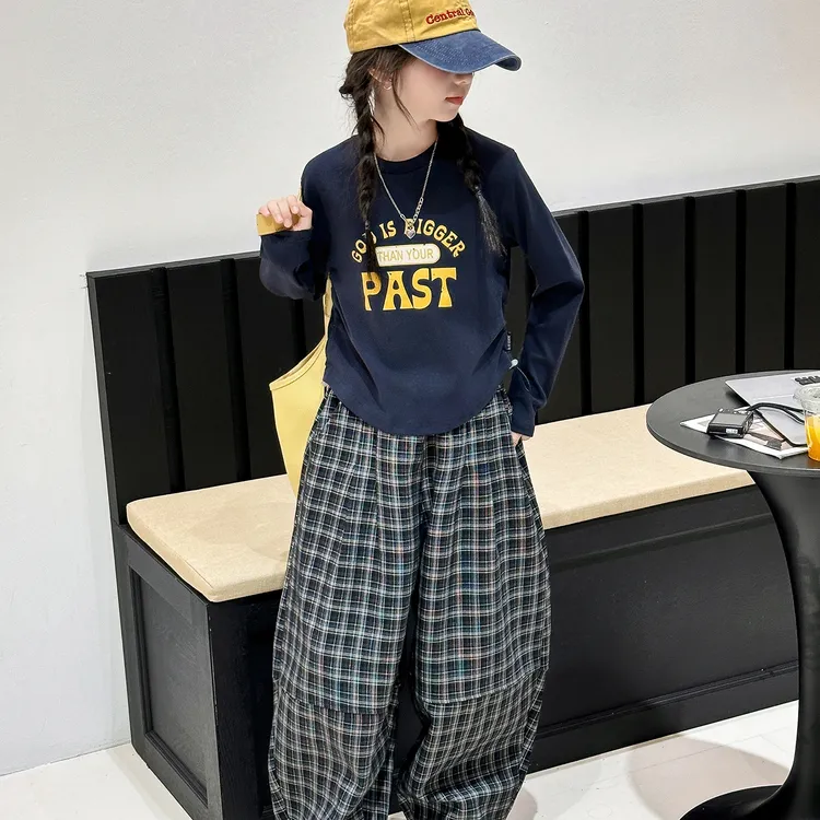 女童春秋季套装中大童韩版秋季洋气休闲字母抽绳T格子裤两件套潮