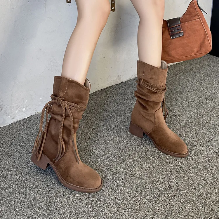 2025新款短筒堆堆靴方头时装靴圆头短靴系带英伦风瘦瘦靴时尚女靴