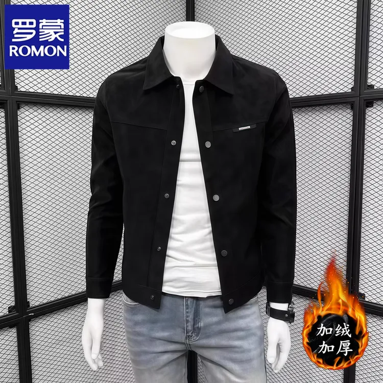 罗蒙新款秋冬季男士外套翻领工装夹克加绒加厚百搭商务痞帅机车服