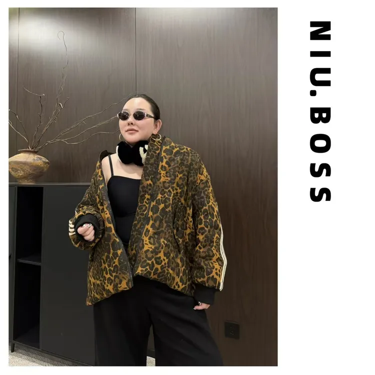 Three Ten. N大码270斤“痞帅风”复古休闲运动豹纹牛仔羽绒服