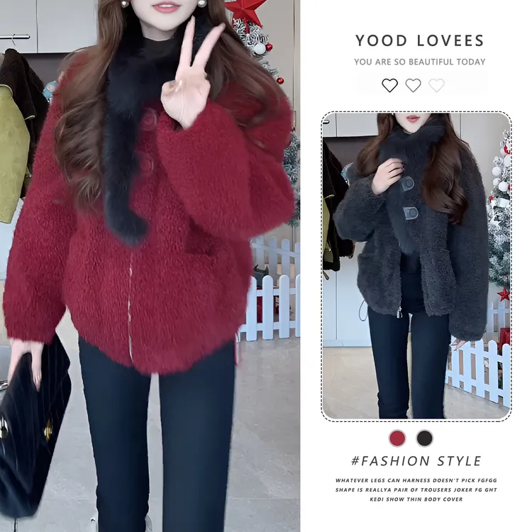 韩式慵懒风时尚毛领外套女冬季2026新款保暖氛围感百搭小个子上衣