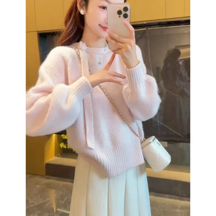 不起球 超美花朵飘带泡泡袖毛衣女加厚软糯设计感针织衫打底