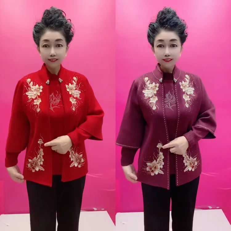 中老年妈妈国风中式针织开衫春秋季两件套
