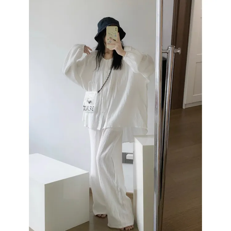 韩版白色长袖双层棉纱睡衣女春秋款新款亲肤纯棉家居服大码套装夏