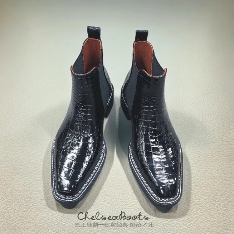 致敬经典Chelseaboots男士英伦风全鳄鱼皮一片式方头切尔西靴