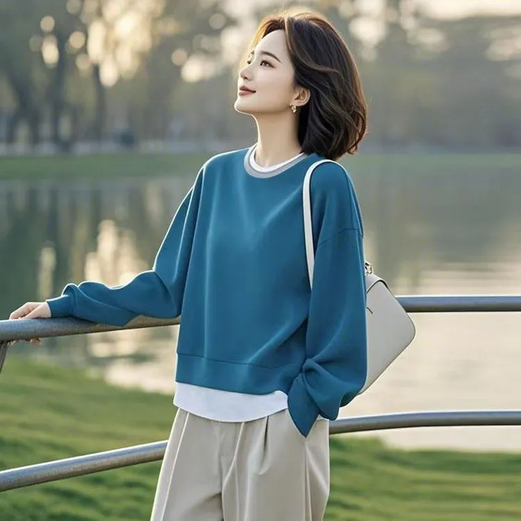高级感假两件套头卫衣女2025春秋新款宽松版时尚洋气减龄百搭上衣