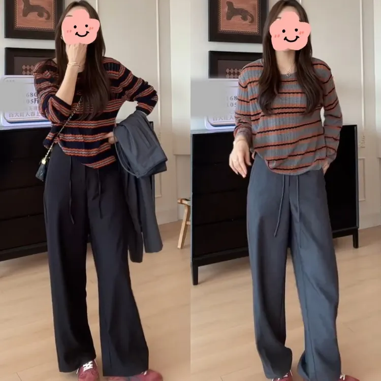 秋季休闲时尚圆领套头条纹针织衫+显瘦系带拼接休闲裤LK2506283