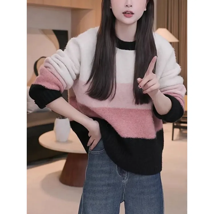 时尚宽松条纹圆领慵懒长袖毛衣2024秋冬新款针织衫纯欲风上衣