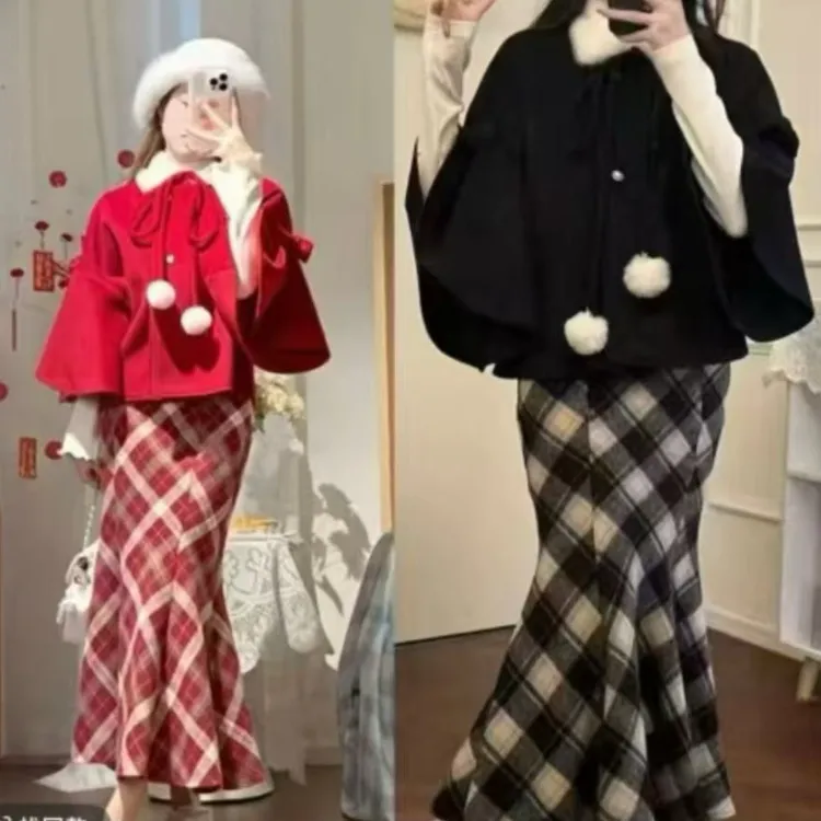 圣诞氛围感减龄百搭毛呢斗篷鱼尾半身裙套装