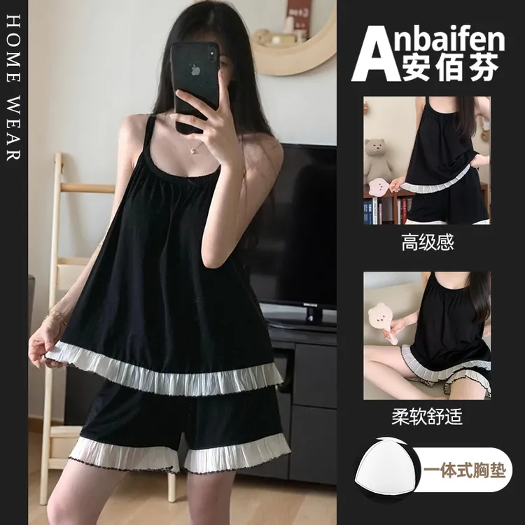 ins黑色拼接花边带胸垫睡衣女夏季吊带短裤高级感可外穿2026新款