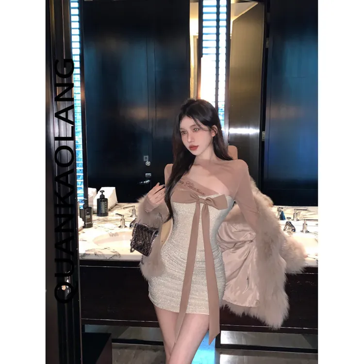 冬季甜辣紧身网纱拼接圣诞连衣裙修身细闪亮钻短裙韩版通