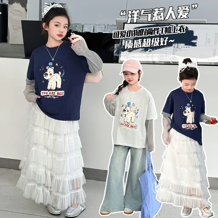 女童T恤2025夏季新款儿童韩版洋气女大童薄款夏装拼接防晒袖上衣