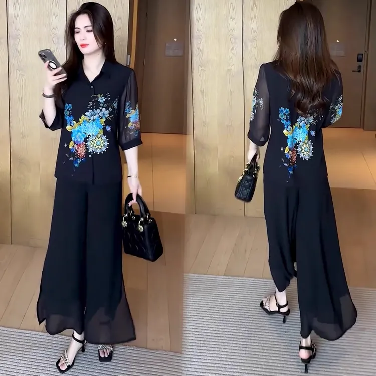 时尚雪纺套装女2025夏季新款洋气减龄印花中袖休闲百搭上衣两件套