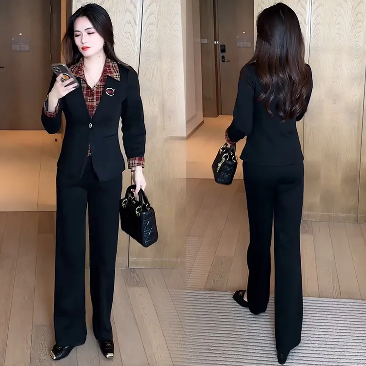 西装套装女2025春秋新款设计感撞色拼接显瘦长袖外套阔腿裤两件套