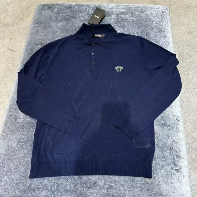 未使用 VERSACE/范思哲 特价款长袖翻领毛衣常规藏青套头polo男款