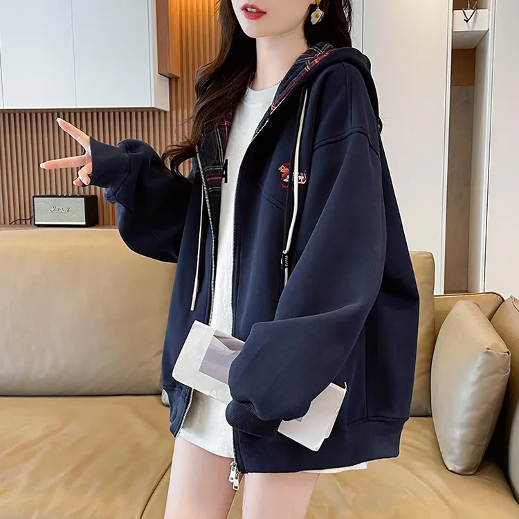 拼色宽松连帽外套女2025秋装新款初高中学生甜美百搭运动开衫卫衣