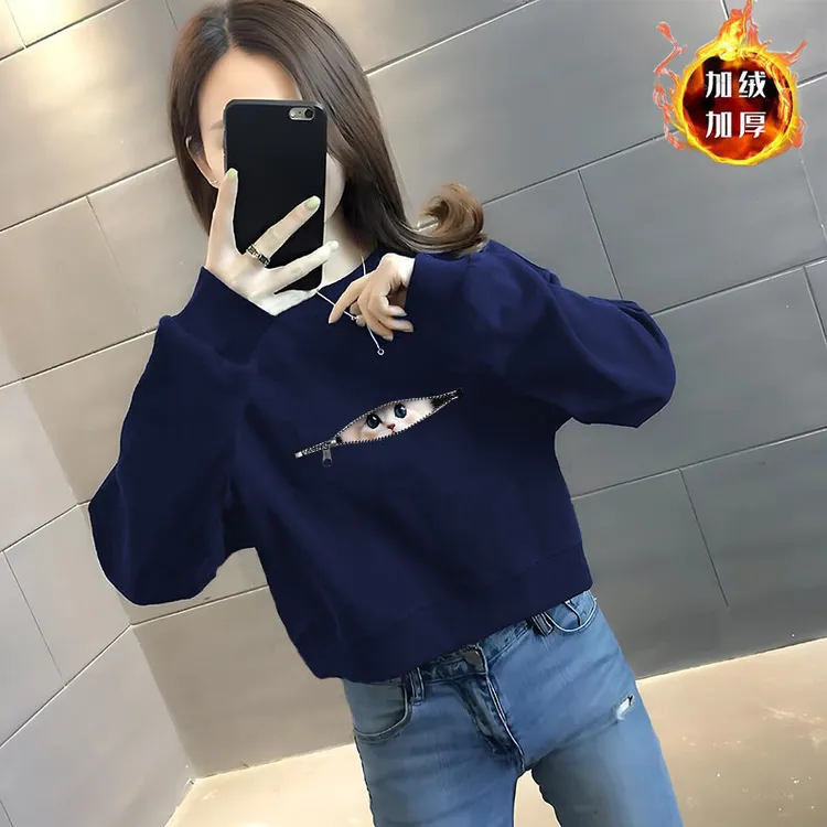 加绒加厚印花休闲小个子春秋冬新款圆领打底上衣女士华棉短款卫衣