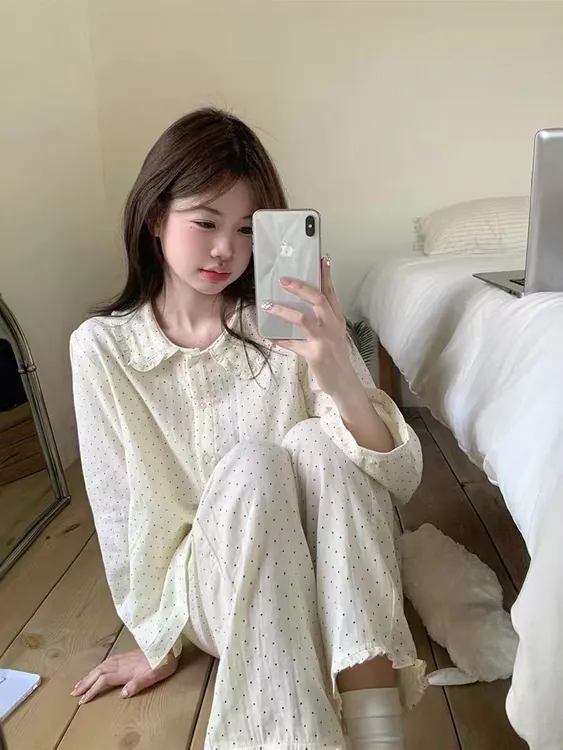 2406大码宽松睡衣女秋季娃娃领长袖长裤减龄甜美可外穿家居服套装