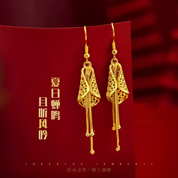 铜合金耳饰 金蝉衣耳环挂钩款流苏复古耳坠金色气质时尚百搭0282