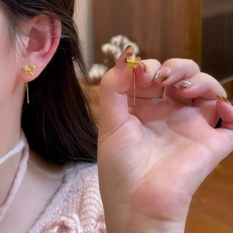 新中式复古金色镂空蝴蝶流苏耳线小众设计感气质轻奢耳饰耳环3516