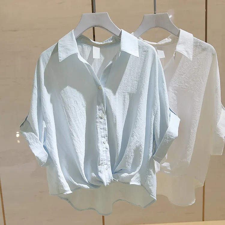 纯色扭结V领短袖衬衫女2025夏季新款薄款宽松显瘦遮肉百搭衬衣潮