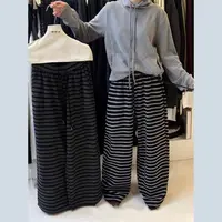 大码韩系慵懒垂感条纹阔腿裤女秋款百搭松紧腰显瘦直筒拖地裤