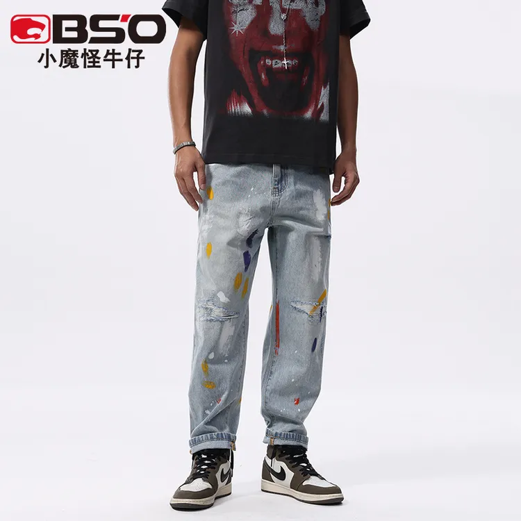 小魔怪2025春季新款美式复古潮牌宽松直筒泼墨涂鸦牛仔裤男生长裤