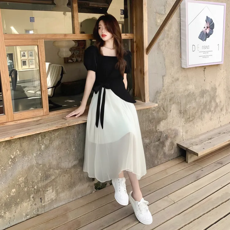 B2025夏季撞色新款褶皱收腰设计感裙子女气质轻奢时尚连衣裙D1662