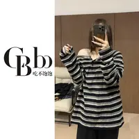 【吃不饱饱】大码 纸片人 设计感慵懒复古条纹长袖T恤百搭上衣89