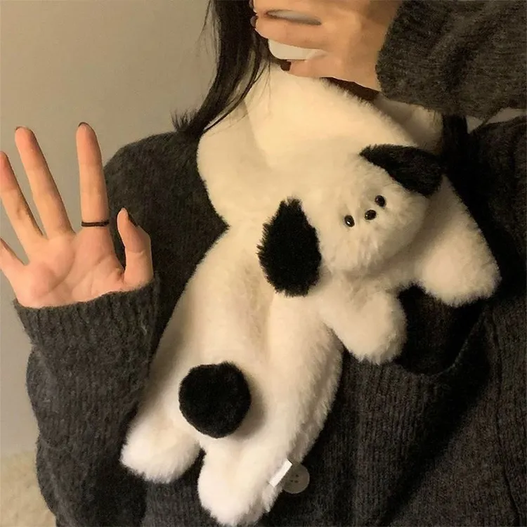 韩版冬天毛绒女交叉围巾可爱小狗卡通学生骑车防风保暖百搭围脖潮