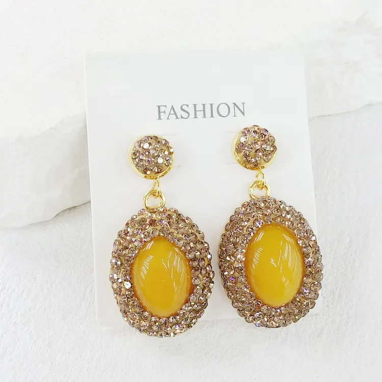 铜合金树脂耳饰 新款时尚气质款黄色大蛋面高级感手工耳饰