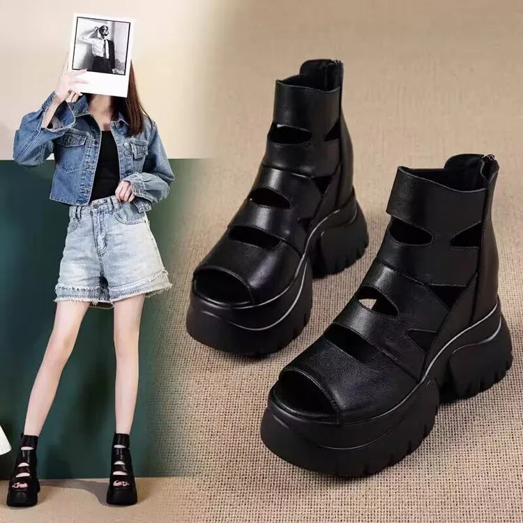 2025夏季新款女鞋软皮内增高外穿凉鞋百搭松糕休闲厚底镂空罗马鞋