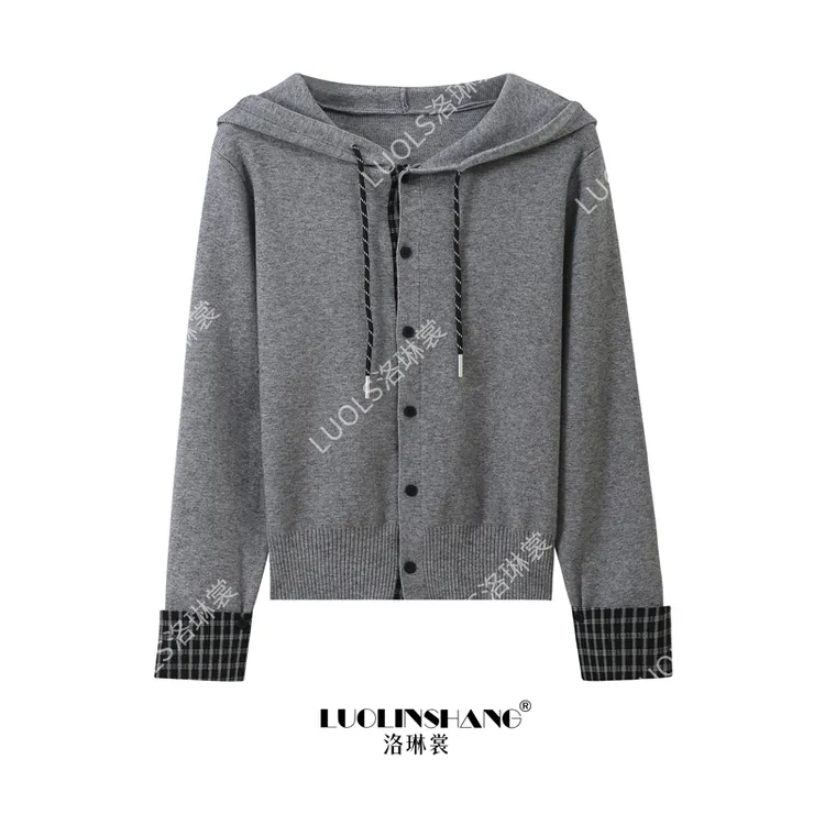 设计感拼接连帽抽绳针织开衫秋冬新款休闲百搭宽松显瘦韩系上衣女