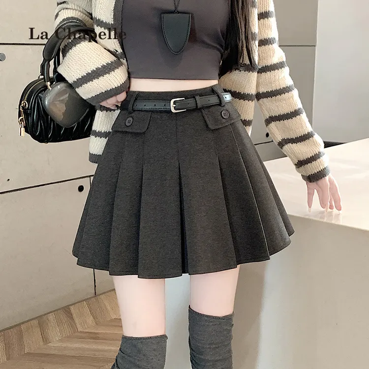 拉夏贝尔百褶半身裙2025新款女秋冬款高级感a字短裙高腰显瘦裙子