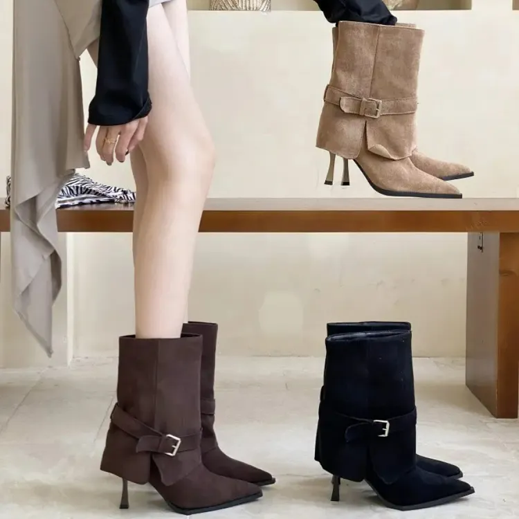 法式温柔设计感细跟短筒裤管靴女2025秋季新款套筒皮带扣瘦瘦短靴
