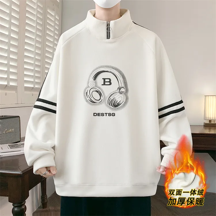 秋冬新款加厚奥粒绒男生半高领套头打底上衣冬装保暖休闲宽松卫衣