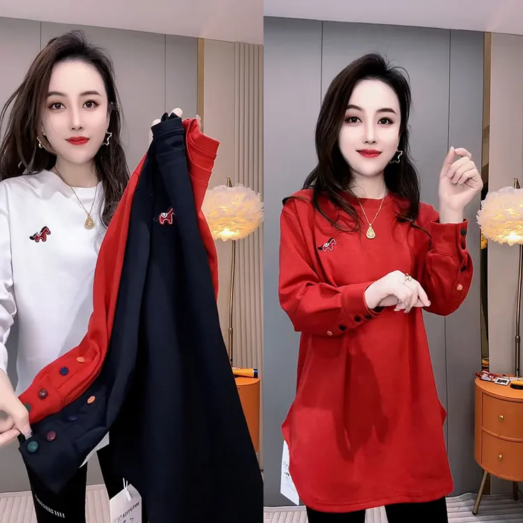 韩版宽松显瘦长袖t恤女秋冬新品圆领刺绣小马纽扣中长款休闲上衣