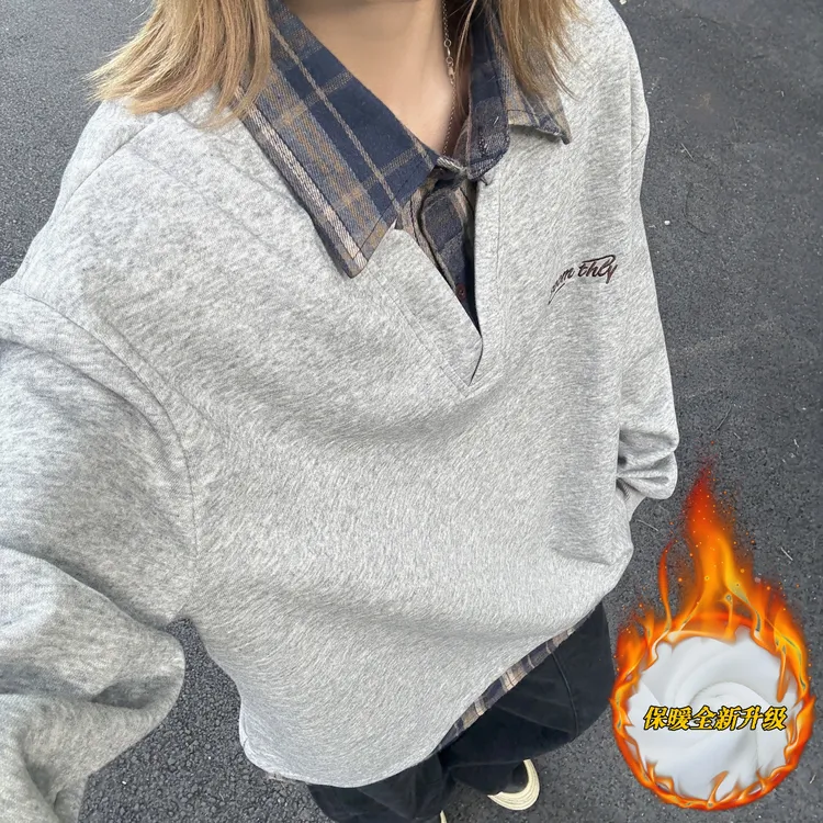 假两件拼接衬衫领卫衣男秋冬加绒美式复古格子上衣学院风情侣外套